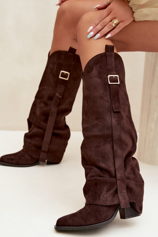Women's over-the-knee boots with heels and ruffles and buckles in chocolate color Caster