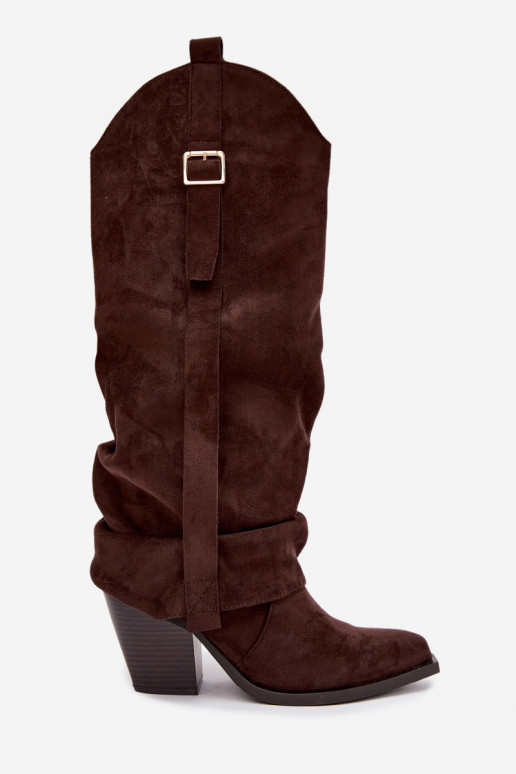 Women's over-the-knee boots with heels and ruffles and buckles in chocolate color Caster