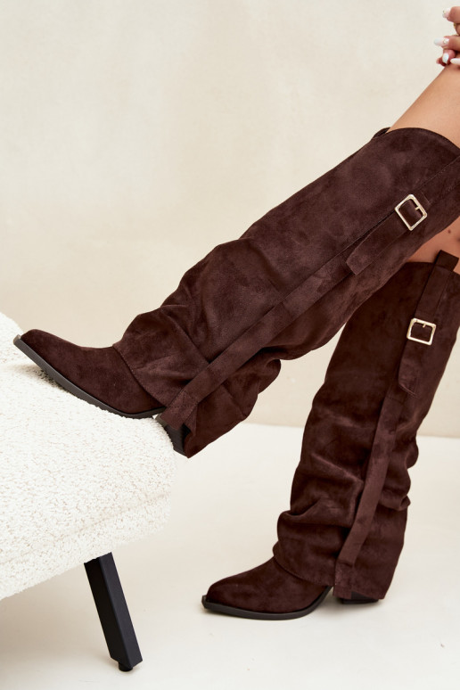 Women's over-the-knee boots with heels and ruffles and buckles in chocolate color Caster
