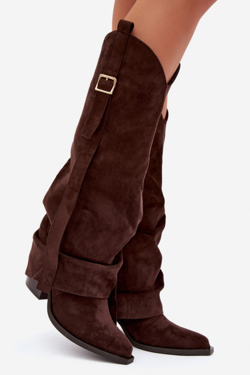 Women's over-the-knee boots with heels and ruffles and buckles in chocolate color Caster