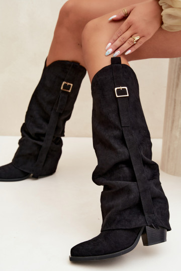 Black women's knee-high boots with heels and buckles Caster