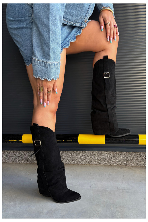 Black women's knee-high boots with heels and buckles Caster