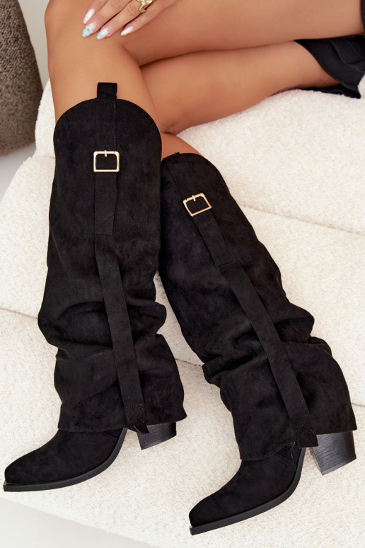 Black women's knee-high boots with heels and buckles Caster
