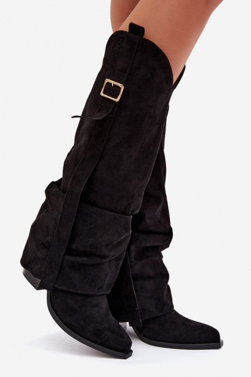 Black women's knee-high boots with heels and buckles Caster