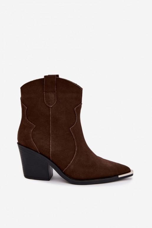 Czekoladowe zamszowe kozaki w stylu kowbojskim ocieplane z obcasami Pelsa