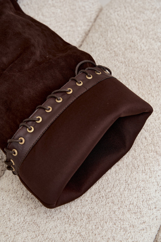 Knee-high boots with medium heel in faux suede with decorative laces in chocolate color Juletta