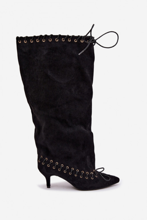 Knee-high boots with medium heel in faux suede with decorative laces in black color Juletta