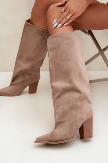 Women's knee-high slip-on boots with heels in faux suede sand color Carmina