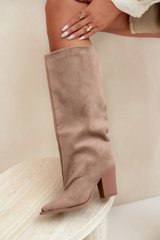 Women's knee-high slip-on boots with heels in faux suede sand color Carmina
