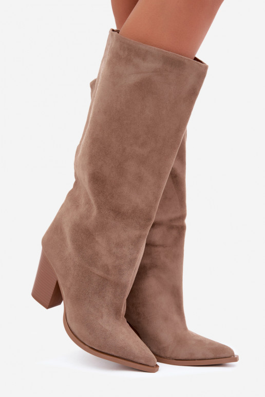 Women's knee-high slip-on boots with heels in faux suede sand color Carmina
