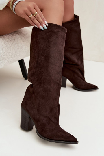 Women's knee-high slip-on boots with heels in faux suede chocolate color Carmina