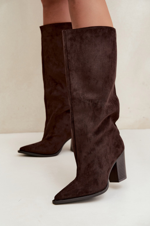 Women's knee-high slip-on boots with heels in faux suede chocolate color Carmina