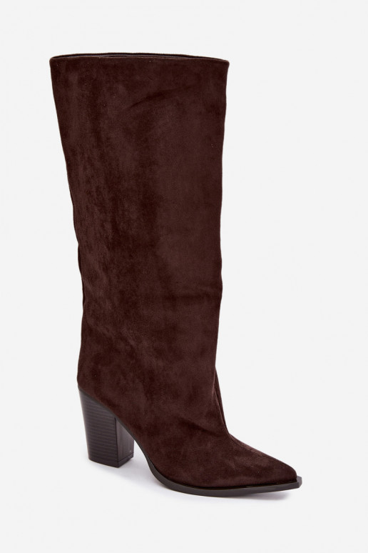 Women's knee-high slip-on boots with heels in faux suede chocolate color Carmina