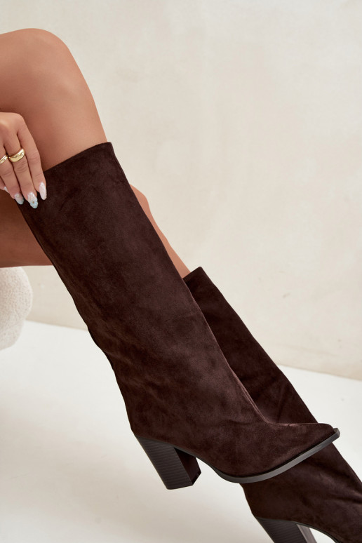 Women's knee-high slip-on boots with heels in faux suede chocolate color Carmina
