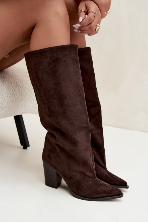 Women's knee-high slip-on boots with heels in faux suede chocolate color Carmina
