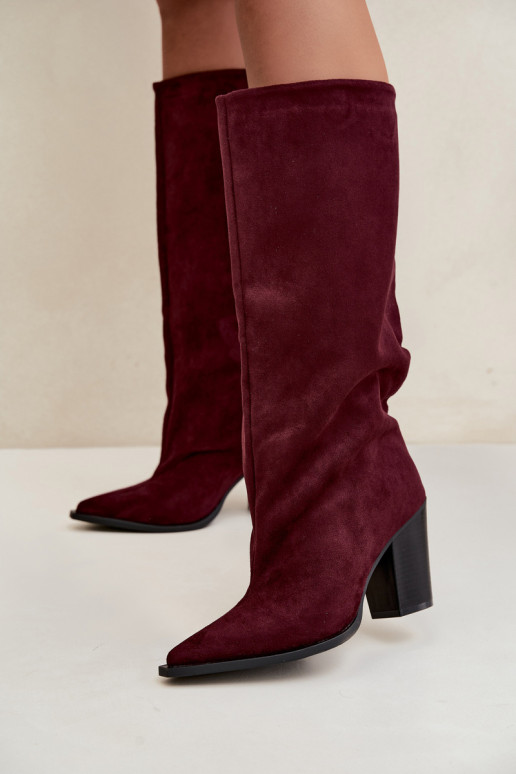 Women's knee-high slip-on boots with heels in faux suede burgundy color Carmina