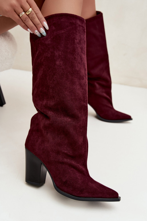 Women's knee-high slip-on boots with heels in faux suede burgundy color Carmina