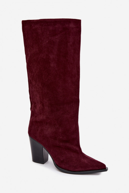 Women's knee-high slip-on boots with heels in faux suede burgundy color Carmina