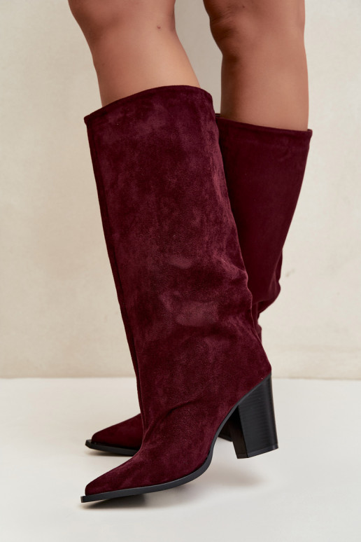 Women's knee-high slip-on boots with heels in faux suede burgundy color Carmina