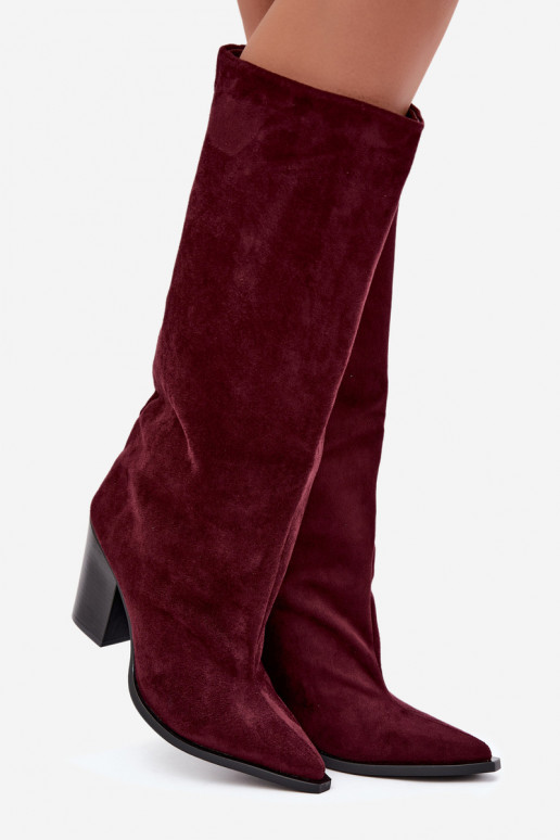 Women's knee-high slip-on boots with heels in faux suede burgundy color Carmina