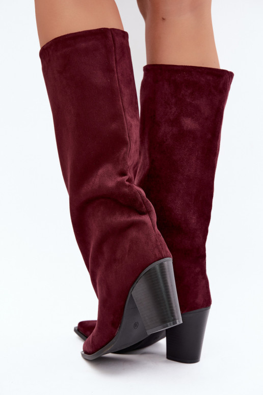 Women's knee-high slip-on boots with heels in faux suede burgundy color Carmina