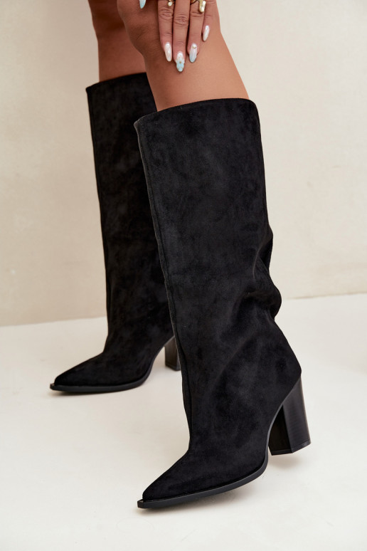 Women's knee-high slip-on boots with heels in faux suede black color Carmina