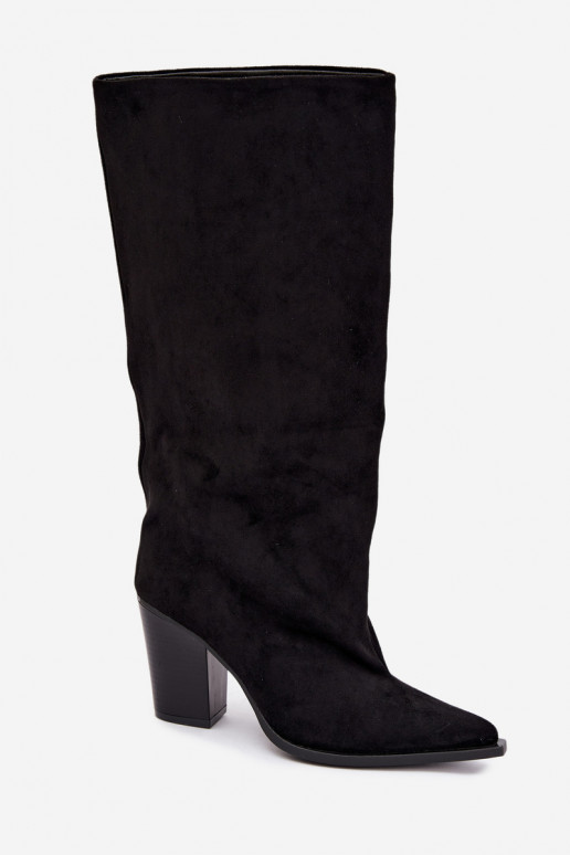 Women's knee-high slip-on boots with heels in faux suede black color Carmina