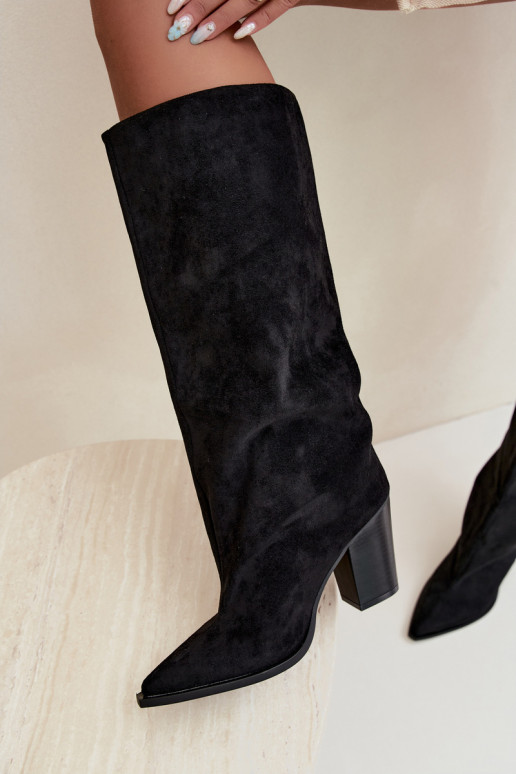 Women's knee-high slip-on boots with heels in faux suede black color Carmina