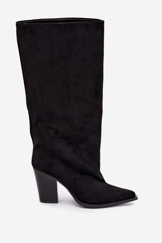 Women's knee-high slip-on boots with heels in faux suede black color Carmina