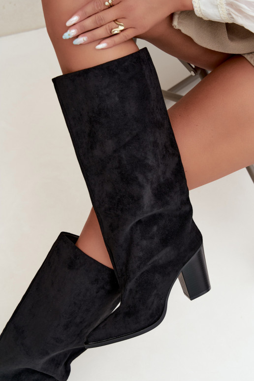 Women's knee-high slip-on boots with heels in faux suede black color Carmina