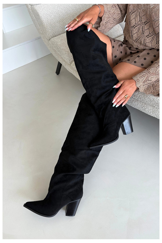 Black slip-on women's knee-high boots with heels Anica