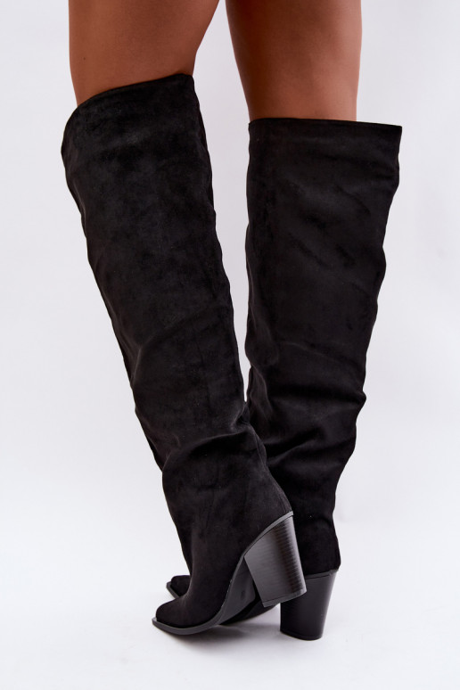 Black slip-on women's knee-high boots with heels Anica