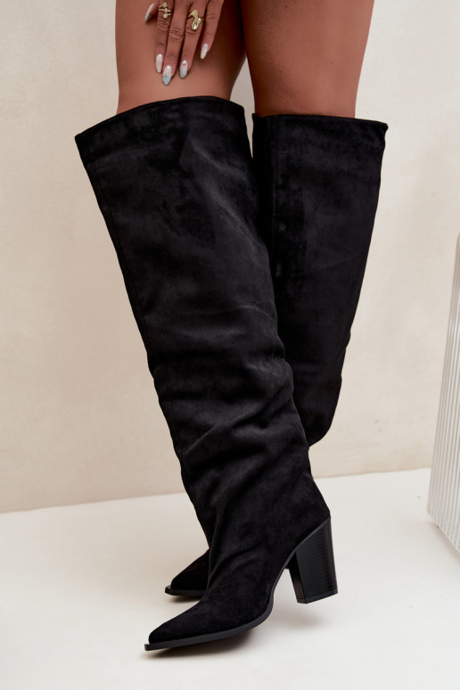 Black slip-on women's knee-high boots with heels Anica