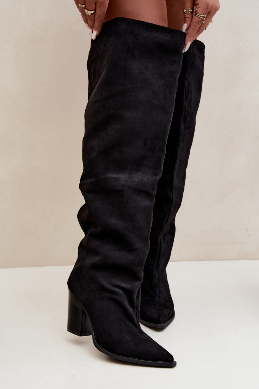 Black slip-on women's knee-high boots with heels Anica