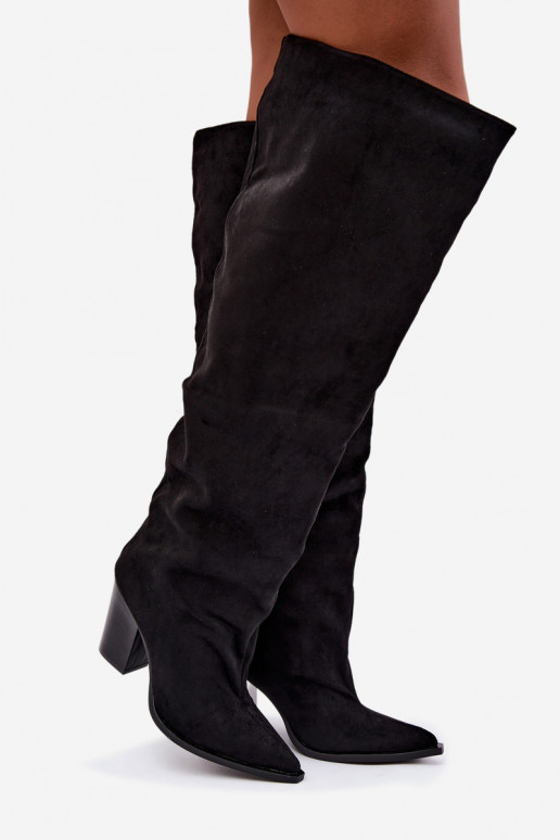 Black slip-on women's knee-high boots with heels Anica