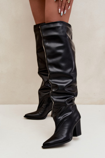 Women's knee-high boots with heels in slip-on style in black faux leather Anica 2
