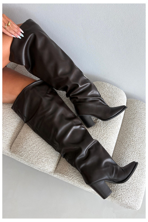 Women's knee-high boots with heels in slip-on style in chocolate faux leather Anica
