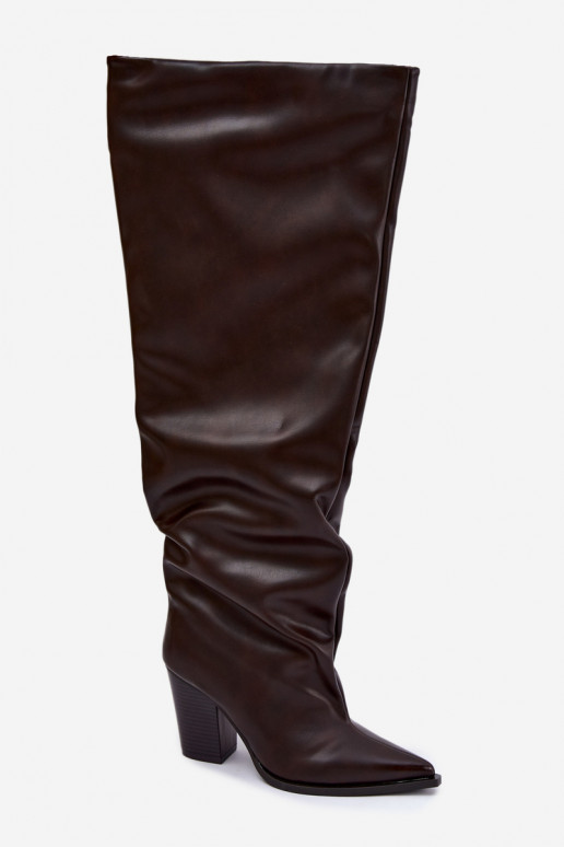 Women's knee-high boots with heels in slip-on style in chocolate faux leather Anica