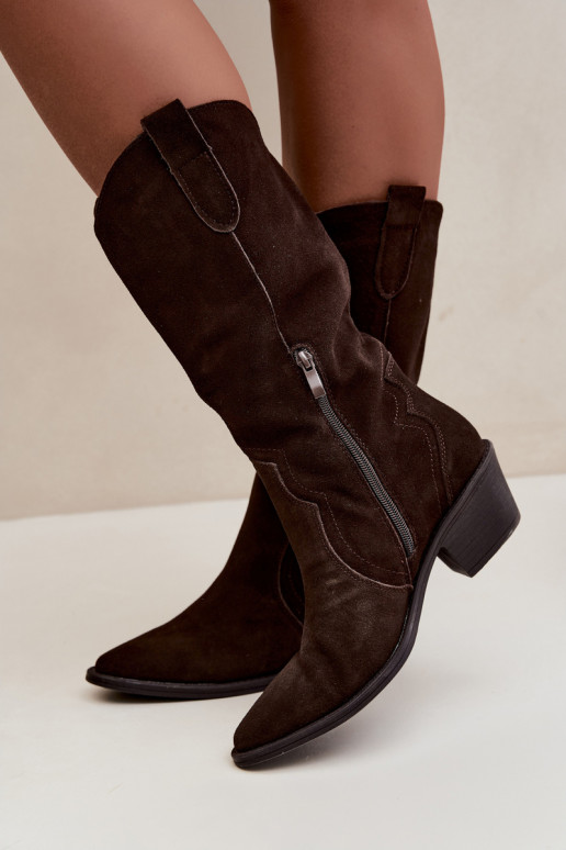 Knee-high cowboy-style boots in natural suede with insulation and heels in chocolate color Radley