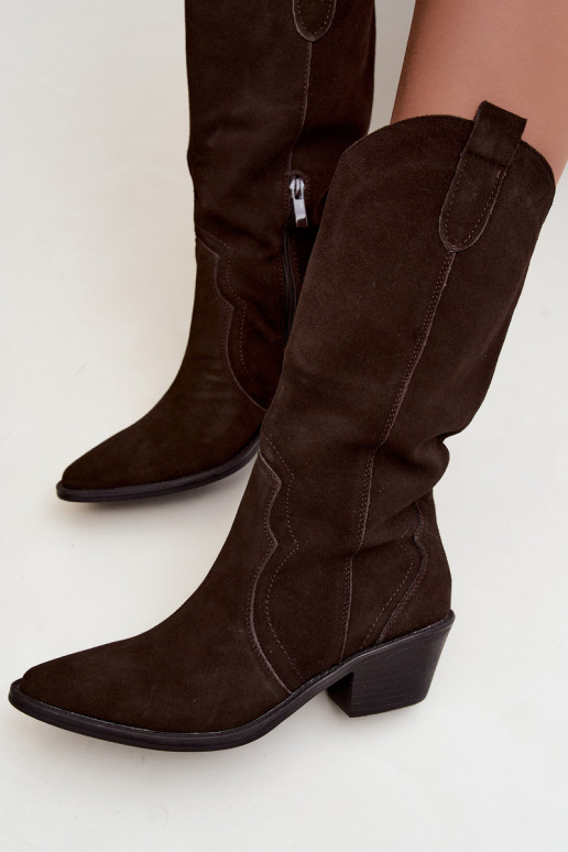 Knee-high cowboy-style boots in natural suede with insulation and heels in chocolate color Radley