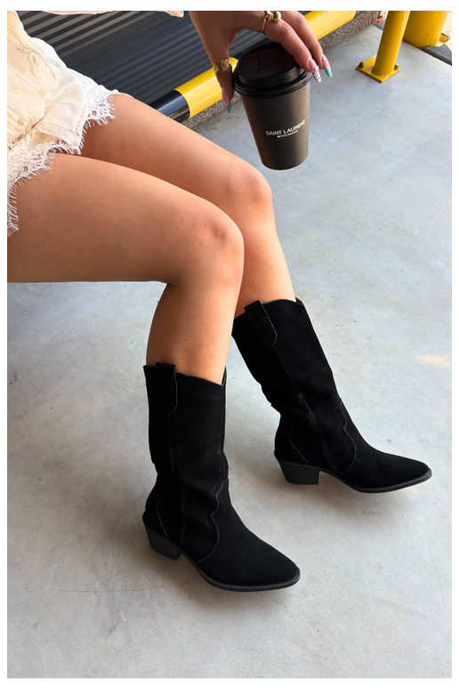 Knee-high cowboy-style boots in natural suede with insulation and heels in black color Radley