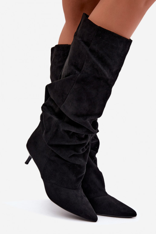 Black wrinkled knee-high boots with kitten heel made of suede LoĮen