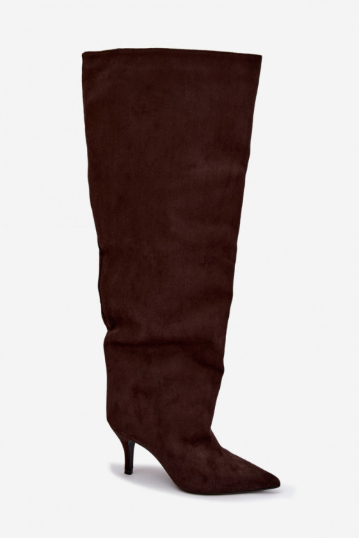 Slip-on women's knee-high boots with thin heels in chocolate color Corly