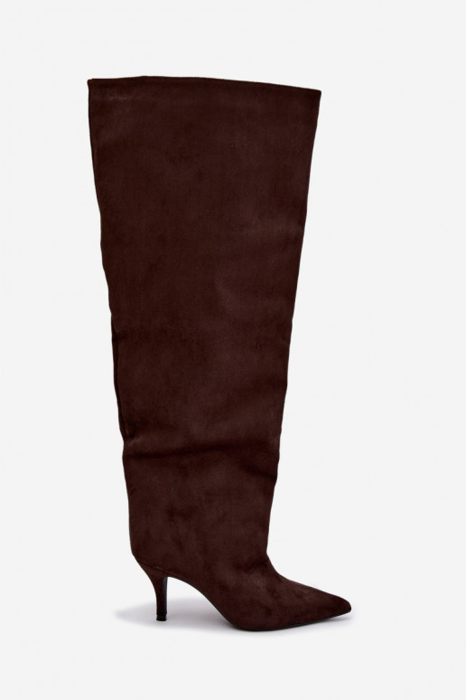 Slip-on women's knee-high boots with thin heels in chocolate color Corly