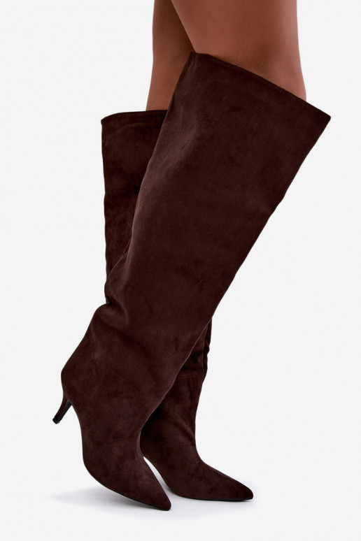 Slip-on women's knee-high boots with thin heels in chocolate color Corly