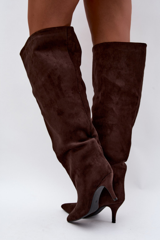 Slip-on women's knee-high boots with thin heels in chocolate color Corly