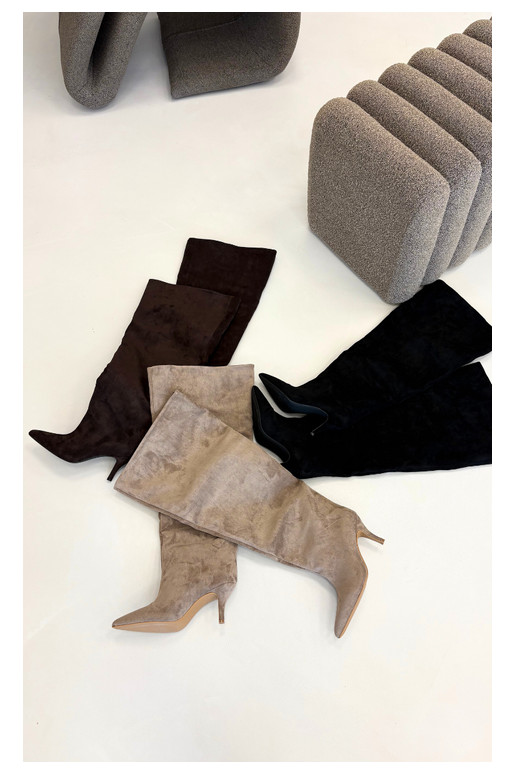 Slip-on women's knee-high boots with thin heels in chocolate color Corly