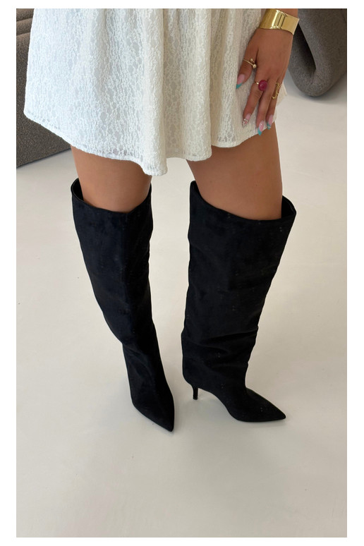 Slip-on women's knee-high boots with thin heels in black color Corly