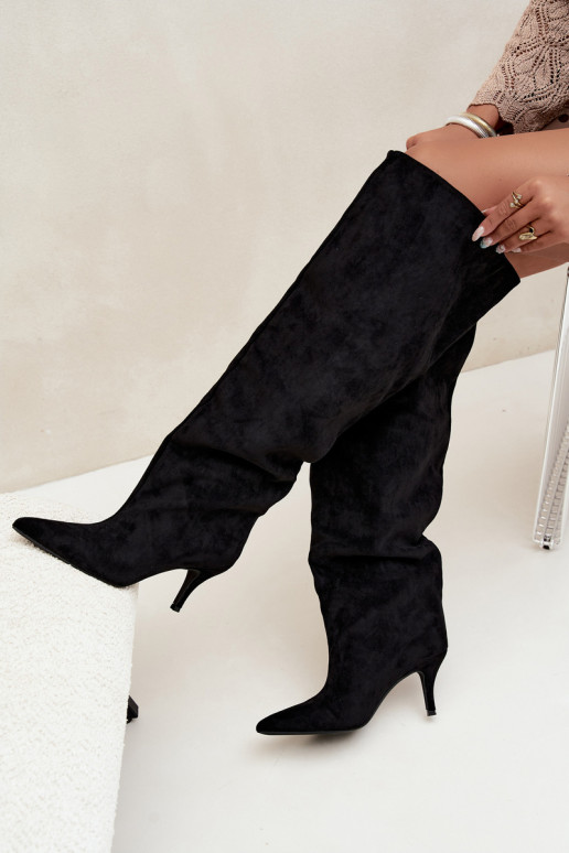 Slip-on women's knee-high boots with thin heels in black color Corly