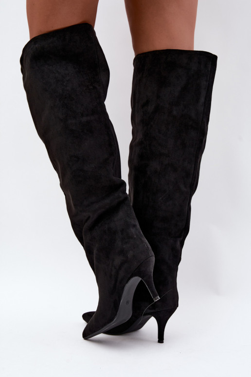 Slip-on women's knee-high boots with thin heels in black color Corly